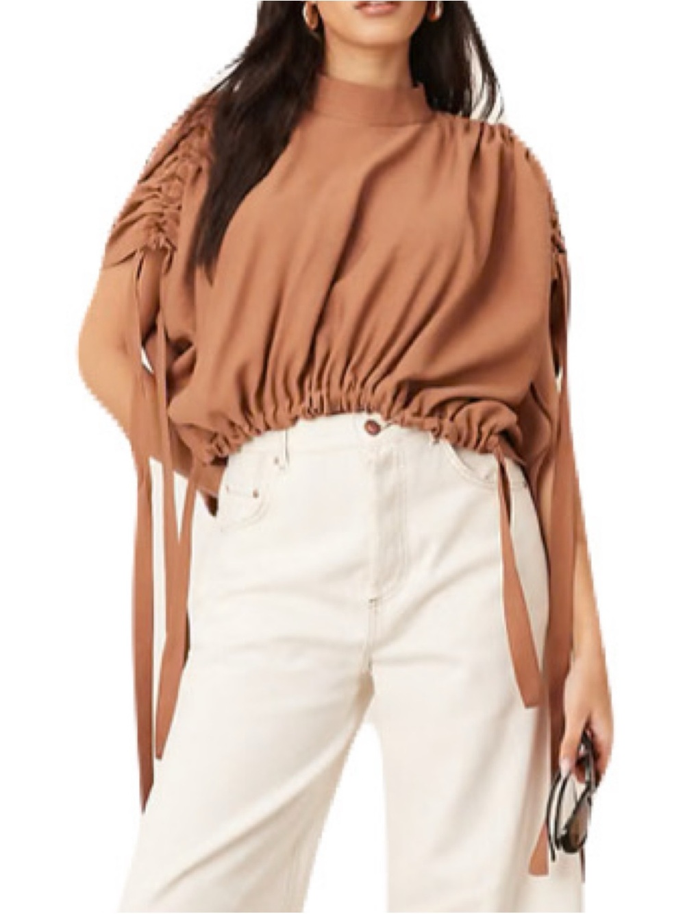 NEW ASOS Arrange Tan Brown Size 10 Cropped Viscose Blend Slouchy Drawstring Top